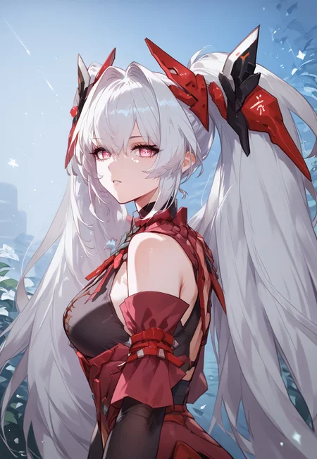 zPDXL3, score_9_up, score_8_up, score_7_up, (Anime_source), 1girl, upper body, Oblivion, pink eyes, star-shaped iris, white hair, long hair, twin tails, headgear, Oblivion clothes, from side, looking at viewer, parted lips, particles