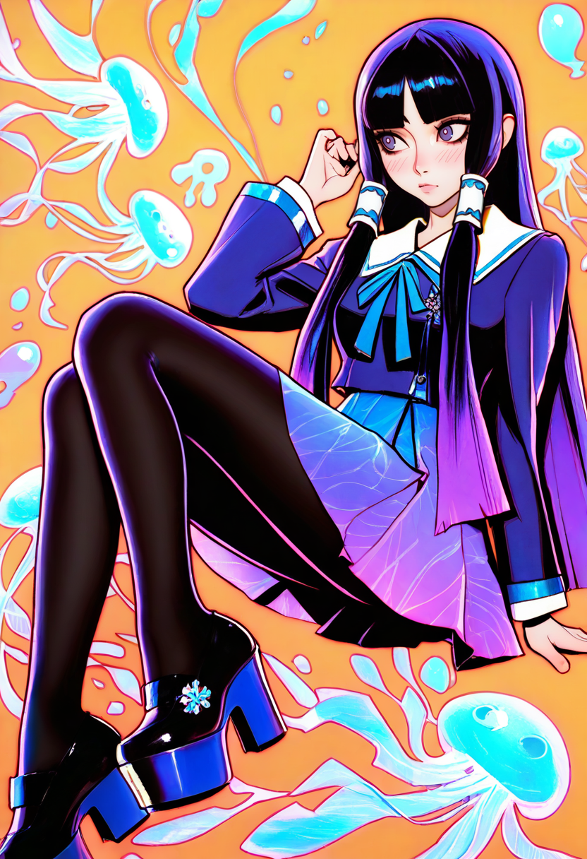 (score_9,score_8_up,score_7_up:0.5) J.K., Ilya Kuvshinov, 1girl, dress, solo, purple eyes, purple hair, gradient hair, long hair, hime cut, parted bangs, long sidelocks, hair tubes, gradient dress, purple dress, blue trim, gradient_skirt, see_through_skirt_layer, pantyhose, platform heels,  jellyfish, gradient_legwear, simple background, adjusting hair, blush, looking away,
<lora:cfg_scale_boost:0.4>
absurdres, highly-detailed, best quality, masterpiece, very aesthetic,