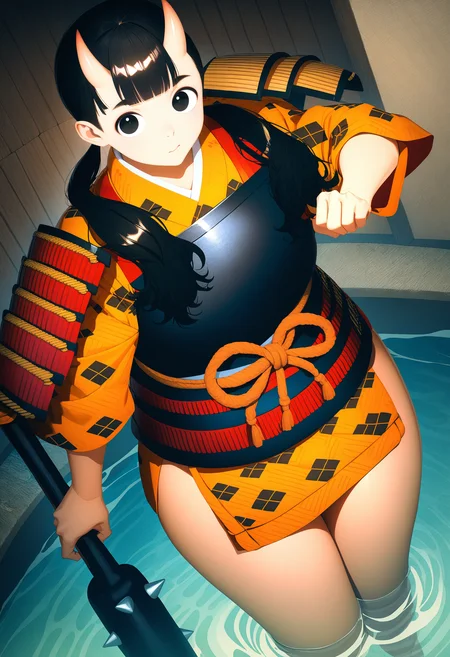 inutade, inutade original outfit, long hair, black hair, twintails, thighs, oni horns, japanese clothes, black eyes, armor, thick thighs, oni, japanese armor,
kanabou, holding kanabou, spiked club,
cowboy shot, indoors, water, dungeon, atmospheric, looking at viewer, from above,
masterpiece, best quality, very aesthetic, absurdres
<lora:dungeon_meshi_collection_ani_v23:1>