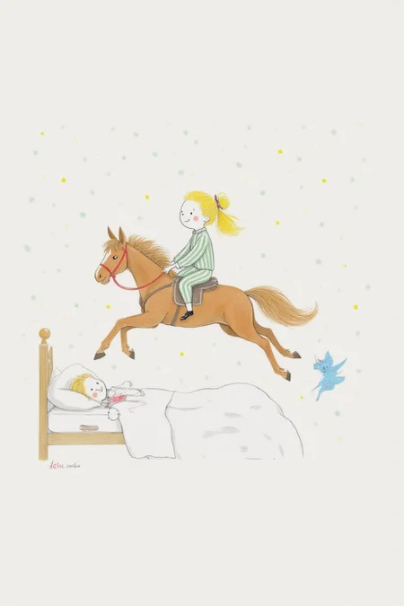 al1ca Illustration.
qub1
Side profile view of a young girl and a horse in mid-air, jumping over a bed. The girl, with blonde hair tied in a ponytail, is wearing a green and white striped pajama set. She is sitting confidently on the horse. <lora:al1ca1_cap_d6a3e11:1.0><lora:828091444666541085:0>
