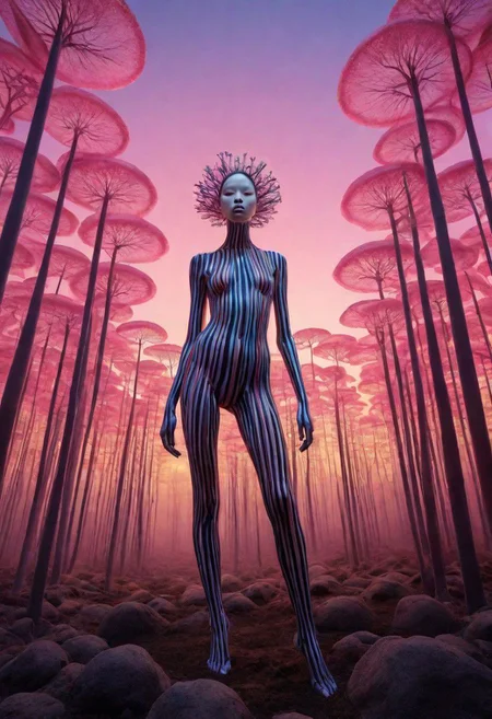 A surrealistic fusion of Reuben Wu's ethereal landscapes with Nick Knight's hyper-realistic models. A Synthetic forest of barcode trees, where creatures with Taro Okamoto's biomechanical limbs frolic and play. The sun sets in vibrant, electric hues, casting long, synthetic shadows that distort the Sharp Focus images of the models. In the distance, a satellite hovers, projecting old school designs onto the landscape, OverallDetail