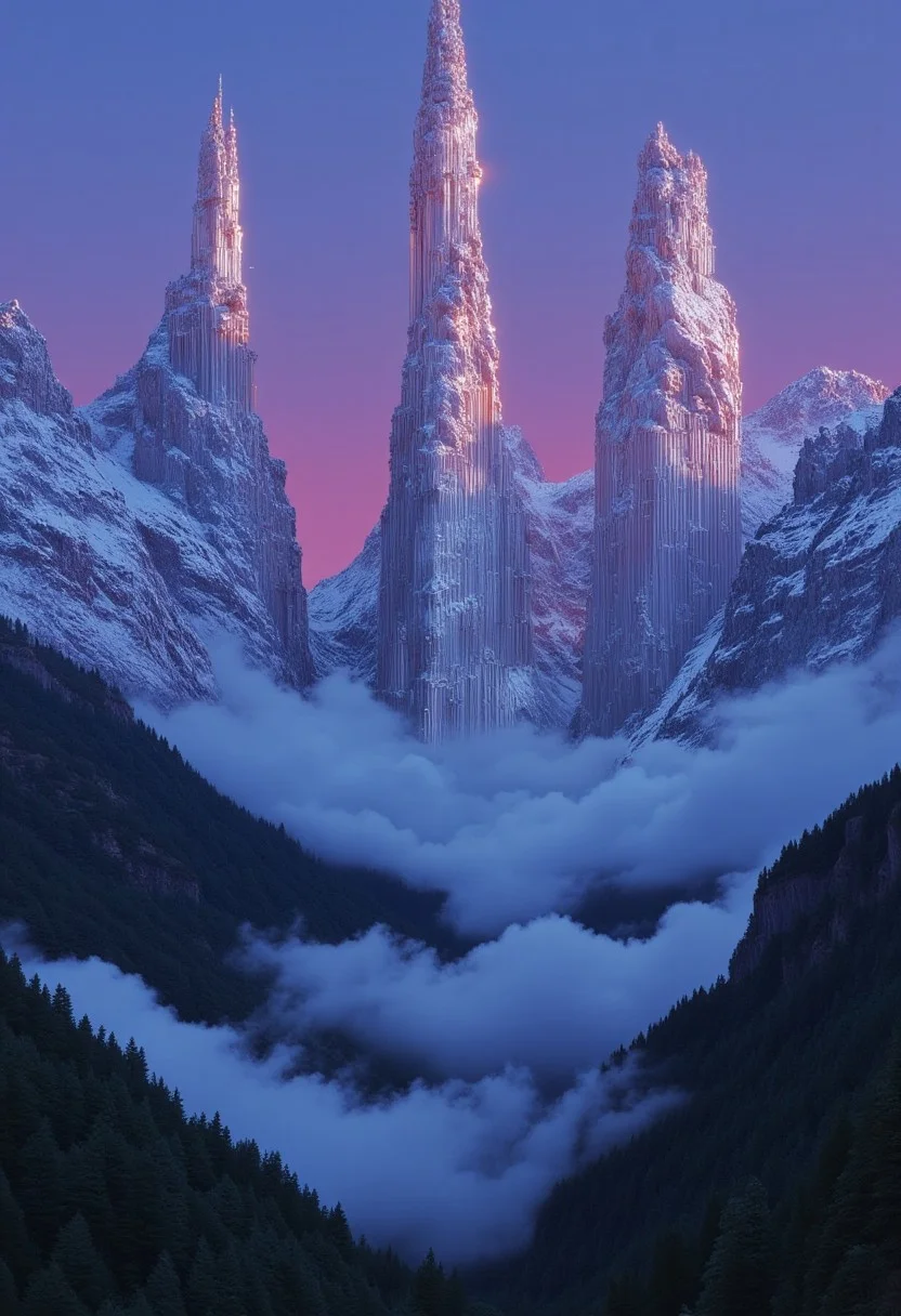 A surreal mountainous landscape stretches beneath a vast, color-shifted sky, its three towering peaks bathed in an ethereal blue and indigo glow. The rugged slopes shimmer with silver-white highlights, contrasting with the deep, shadowy ridges that carve through their surfaces. The tallest peak catches the most light, its summit gleaming like polished metal against the sky.
In the foreground, a dense forest spreads across the lower terrain, its foliage transformed into rich teal-green hues. The trees stand in stark contrast to the valleys below, where thick lavender-tinted clouds swirl and drift like an endless, rolling mist. The clouds appear almost weightless, obscuring the land beneath them and making the mountains seem as if they are floating above an infinite abyss.
Above, the sky shifts from soft cyan at the horizon to deep midnight blue, the colors blending seamlessly into one another. The fading light casts a dreamlike haze over the entire scene, softening the edges of the mountains while making their icy reflections shimmer against the mist below. The air is still, the atmosphere quiet—a frozen moment suspended in an otherworldly dreamscape.