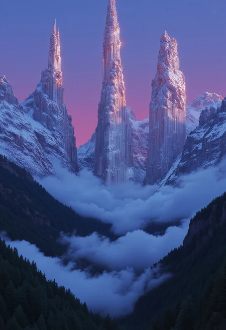 A surreal mountainous landscape stretches beneath a vast, color-shifted sky, its three towering peaks bathed in an ethereal blue and indigo glow. The rugged slopes shimmer with silver-white highlights, contrasting with the deep, shadowy ridges that carve through their surfaces. The tallest peak catches the most light, its summit gleaming like polished metal against the sky.
In the foreground, a dense forest spreads across the lower terrain, its foliage transformed into rich teal-green hues. The trees stand in stark contrast to the valleys below, where thick lavender-tinted clouds swirl and drift like an endless, rolling mist. The clouds appear almost weightless, obscuring the land beneath them and making the mountains seem as if they are floating above an infinite abyss.
Above, the sky shifts from soft cyan at the horizon to deep midnight blue, the colors blending seamlessly into one another. The fading light casts a dreamlike haze over the entire scene, softening the edges of the mountains while making their icy reflections shimmer against the mist below. The air is still, the atmosphere quiet—a frozen moment suspended in an otherworldly dreamscape.