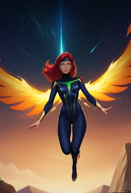 score_9, score_8_up, score_7_up, score_6_up, 1girl, solo, medium breasts, serious face, fiery eyes, no pupils, fiery wings,
space, outdoors, mid air, flying, floating,
<lora:Krys_Decker_-_Artist_style_Newer__characters:0.8> ss-krd_new, <lora:Jean_Grey:0.7> jean grey, red hair, long hair, green eyes, headband, bodysuit, bracelets,