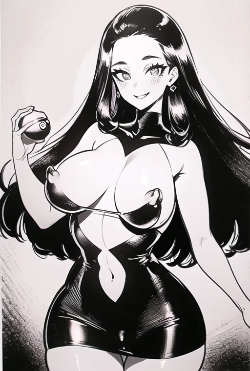 (8k, RAW photo, best quality, masterpiece:1.2), large breasts, thick thighs, puffy nipples, shiny skin, looking at viewer, makeup,cameltoe,wide hips,mind control,seductive smile,cowboy shot,shiny clothes,dress,glowing eyes, poke ball \(basic\), nightsofhorror, <lora:NightsofHorror:0.90>,greyscale