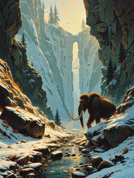 romanticism, grand oil painting on canvas, traditional media, masterful brushwork and luminous colors, evoking a sense of awe and grandeur, a prehistoric ice age valley, towering snow-covered cliffs with cascading frozen waterfalls, their jagged icicles glistening in the golden glow of the setting sun, a mighty woolly mammoth with majestic, symmetrical tusks roams in the middle ground, leaving tracks in the snow behind, it is bathed in warm light, its thick fur illuminated with a soft radiance, its massive curved tusks gleaming as it gazes into the distance, steam rising from its breath in the cold air, in the foreground, a partially frozen, narrow river winds through the snowy landscape, patches of ice and dark stones breaking the surface, reflecting the interplay of fire and ice, the golden sunlight dances upon the icy waters, contrasting against the deep blues of the snow and shadows, icy mist swirls over the top of the cliffs, adding depth and atmosphere, the background features a vast, wintry expanse fading into a hazy glow, distant peaks shrouded in mist, birds soaring high in the crisp air, enhancing the sense of scale and untamed wilderness, rich, painterly textures, the fine detailing of the mammothâs fur and the rugged cliffs, dramatic lighting that captures the sublime beauty of natureâs extremes, a composition balanced between warmth and cold, life and stillness, a breathtaking homage to the lost world of the pleistocene, oil on canvas with impasto highlights, deep atmospheric perspective, reminiscent of the great landscape painters of the 19th century, ovg, famous artwork inspired by caspar david friedrich and carl spitzweg, <lora:style-caspar_david_friedrich-flux-by_tiberiana:0.8> <lora:style-carl_spitzweg-flux-by_tangbohu:0.68>