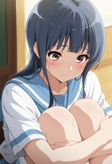 masterpiece,best quality,amazing quality, yoroizuka mizore, long hair, light blue hair, cherry-red eyes, 1girl, kitauji high school uniform, solo, school uniform, blush, short sleeves, serafuku, white shirt, hugging own legs, sailor collar, shirt, closed mouth, blue sailor collar
