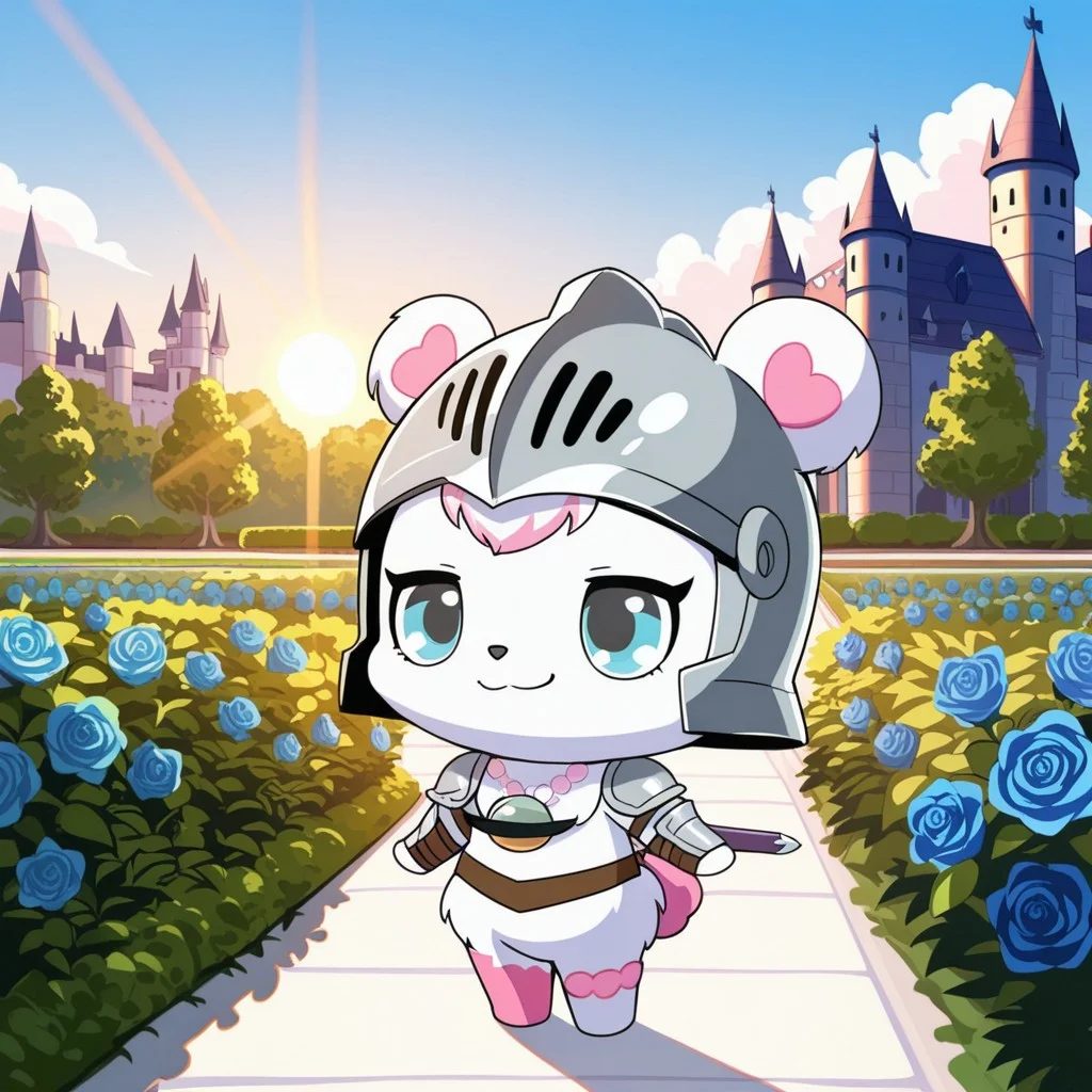 score_9, score_8_up, score_7_up, score_6_up, score_5_up,
best quality, masterpiece, smirks, Full Body, Romantic, Small Body, Furry, looking_pleasured, labrajp, chibi, feral, multicolored hair, pink tail, tufted fur, furry, one pink leg, necklace, bear, castle, garden, knight armor, sword, looking at sky, sun rise, knight armor leggings, knight armor chest plate, knight armor helmet, flowers, blue rose