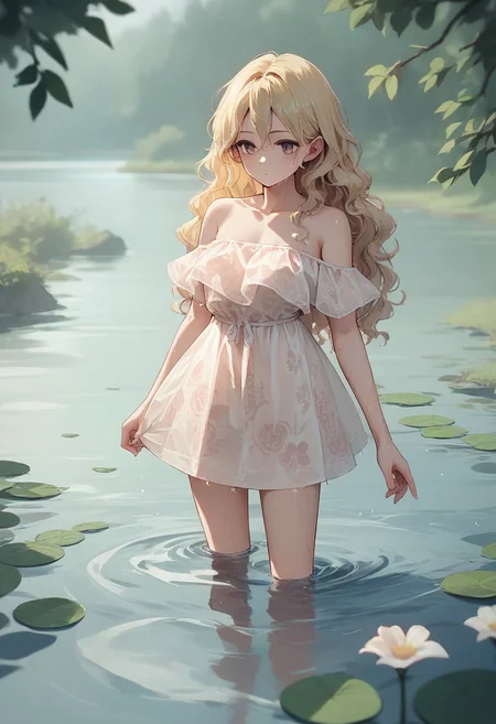 score_9, score_8_up, score_7_up, score_6_up, source_anime, 1girl, long hair, blonde hair, wavy hair,
off shoulder, floral dress, see-through, short dress,
river, partially submerged, wet,
<lora:floral_offshoulder_dress_v1.1-pony:1>
