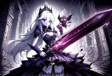 easynegative, ((negative_hand)), hunluanxiantiao style, ExpressiveH, monochrome, cowboy shot, depth of field, detailed background, score_9, score_8_up, score_7_up, BREAK, solo, masterpiece, dark aura, a 20-year-old magical girl fueled by eldritch deities, face retouch, paper white skin, long hair, white hair, medium breasts, curious expression, playful pose, mischievous imp familiar, idol dress, black and purple outfit, gothic, Wielding sword, swirling miasmic energy, whimsical gothic castle in the background