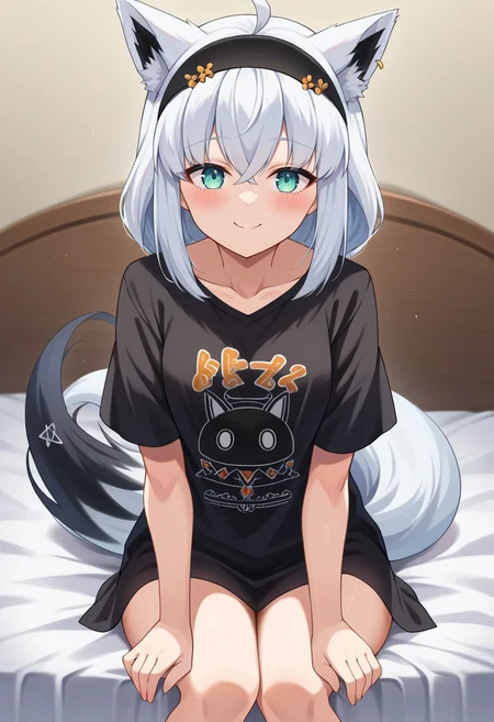 score_9, score_6_up, source_anime BREAK 1girl, solo, sitting, on bed, knees up, fubuki_relax, medium hair, sidelocks, black hairband, no pants, black t-shirt, white hair, ahoge, piercing, fox tail, smile, blush<lora:shirakami_fubuki_sdxl_pony-4-000009:1>