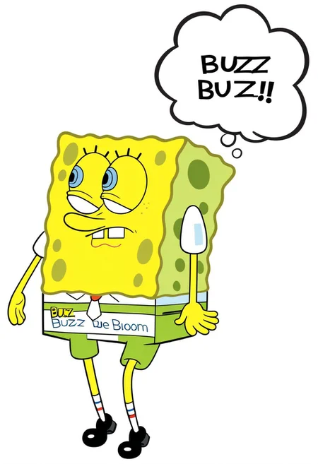 spongebob, slouching, sad, looking down, walking, dejected, depressed, speech bubble saying "buzz... buzz... buzz...", bikini bottom background