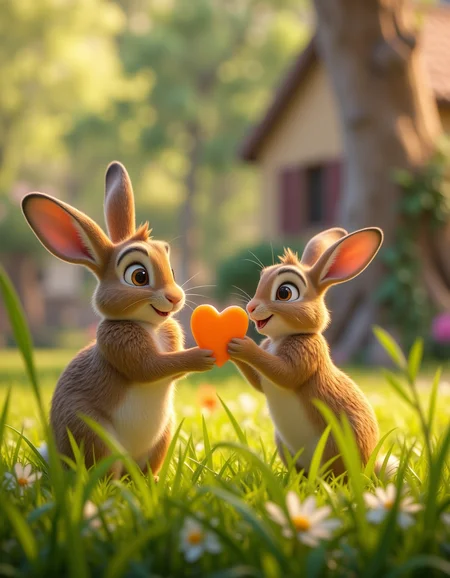 A shy rabbit presenting a heart-shaped carrot slice to its mate, both surrounded by a lush green meadow
<lora:Cute_3d_Cartoon_Flux:0.6>