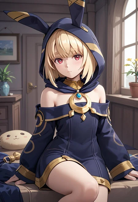 score_4,score_5,score_6,score_7_up,score_8_up,score_9 ((masterpiece,best quality,ultra detailed,highres,HD,4k:1.2)),
1 girl,solo,face focus,
Layla,blonde hair,bangs,short hair,bob cut,sidelocks,thick eyebrows,red eyes,petite,
long sleeves,bare shoulders,hood up,rabbit hood,animal hood,sleeves past wrists,sleeves past fingers,dress,
indoors,Raise one hand,
Expressionless, emotionless, blush,
