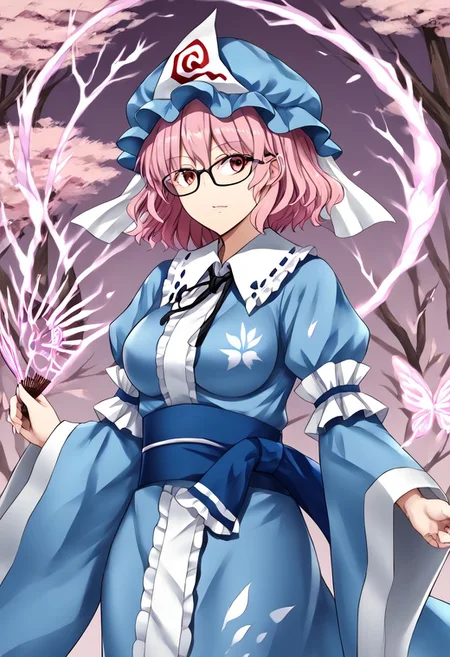 1girl, yuyuko, saigyouji_yuyuko, bespectacled, glasses, mob_cap, triangular_headpiece, blue_hat, blue_kimono, long_sleeves, wide_sleeves, frilled_kimono,
masterpiece, best quality, very aesthetic, absurdres,