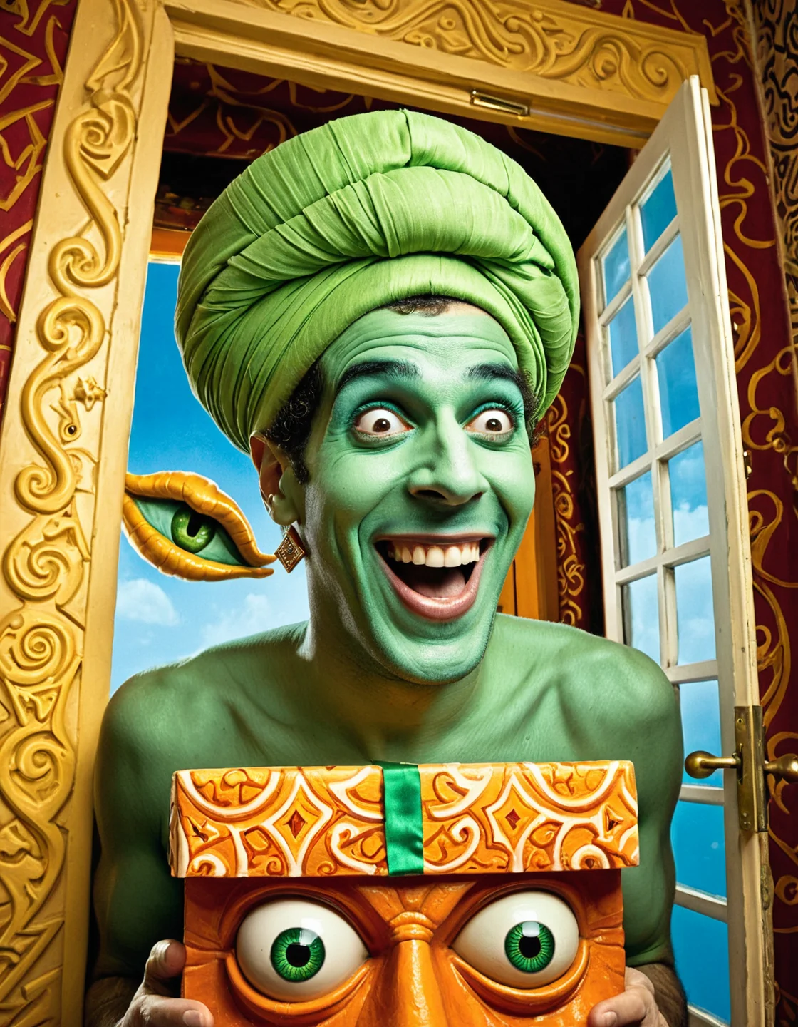 surrealist art  . dreamlike, mysterious, provocative, symbolic, intricate, detailed,
 <lora:peewee-SDXL-v1:1> 
masterpiece, best quality, amazing quality, high resolution, p33w33, indoors, floating head, genie, glowing skin, green skin, turban, looking at viewer, crazy eyes, laughing, male focus, door, box, window