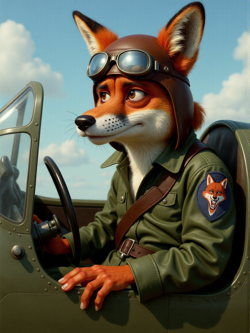 full-body caricature of a fox aviator in a ww2 plane cockpit. It's wearing an aviator helmet with mask goggles. A fox head shaped patch is sewed on one arm of its green jacket. has a really long snout <lora:3d_caricature_Strong:0.9>