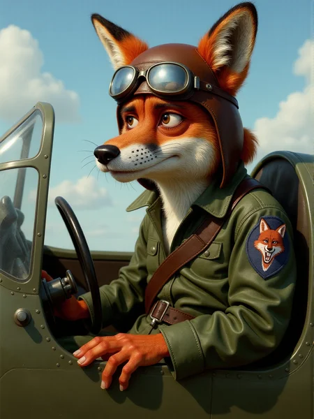 full-body caricature of a fox aviator in a ww2 plane cockpit. It's wearing an aviator helmet with mask goggles. A fox head shaped patch is sewed on one arm of its green jacket. has a really long snout <lora:3d_caricature_Strong:0.9>