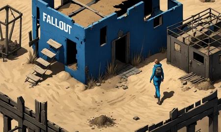 girl in a blue jumpsuit walking across a post-apocalyptic wasteland, ruined buildings, sand, dark mood, best quality, masterpiece, fallout, isometric view, backpack, <lora:supgiantisosdxl:0.8>