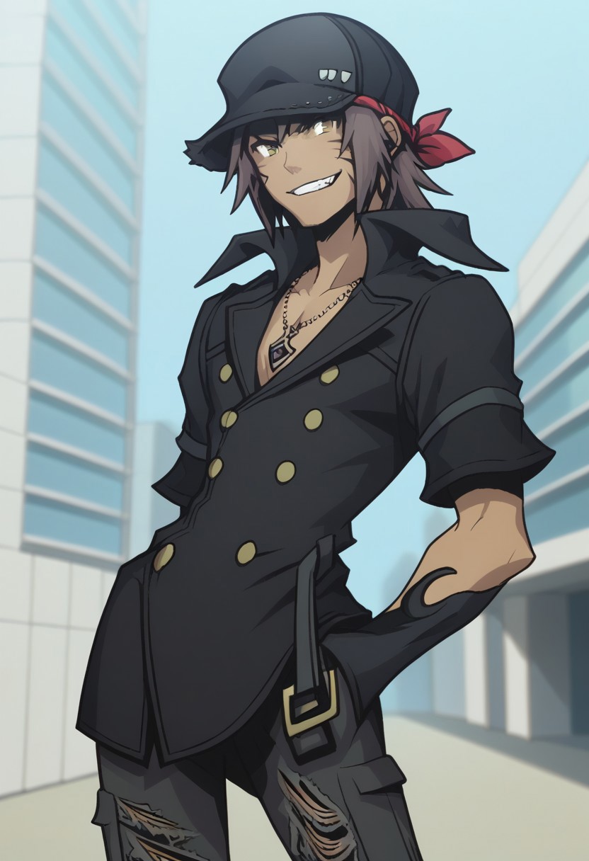 score_9, score_8_up, score_7_up, source_anime, highly detailed, 
minamoto, 1boy, solo, male focus, gloves, jewelry, smile, pants, single glove, hand in pocket, torn clothes, hat, black gloves, yellow eyes, brown hair, bracelet, necklace, torn pants, standing,
dark skin, dark-skinned male, black headwear, looking at viewer, buttons, grin, shirt, bandana, upper body, evil grin,
outdoor, street, building, sky