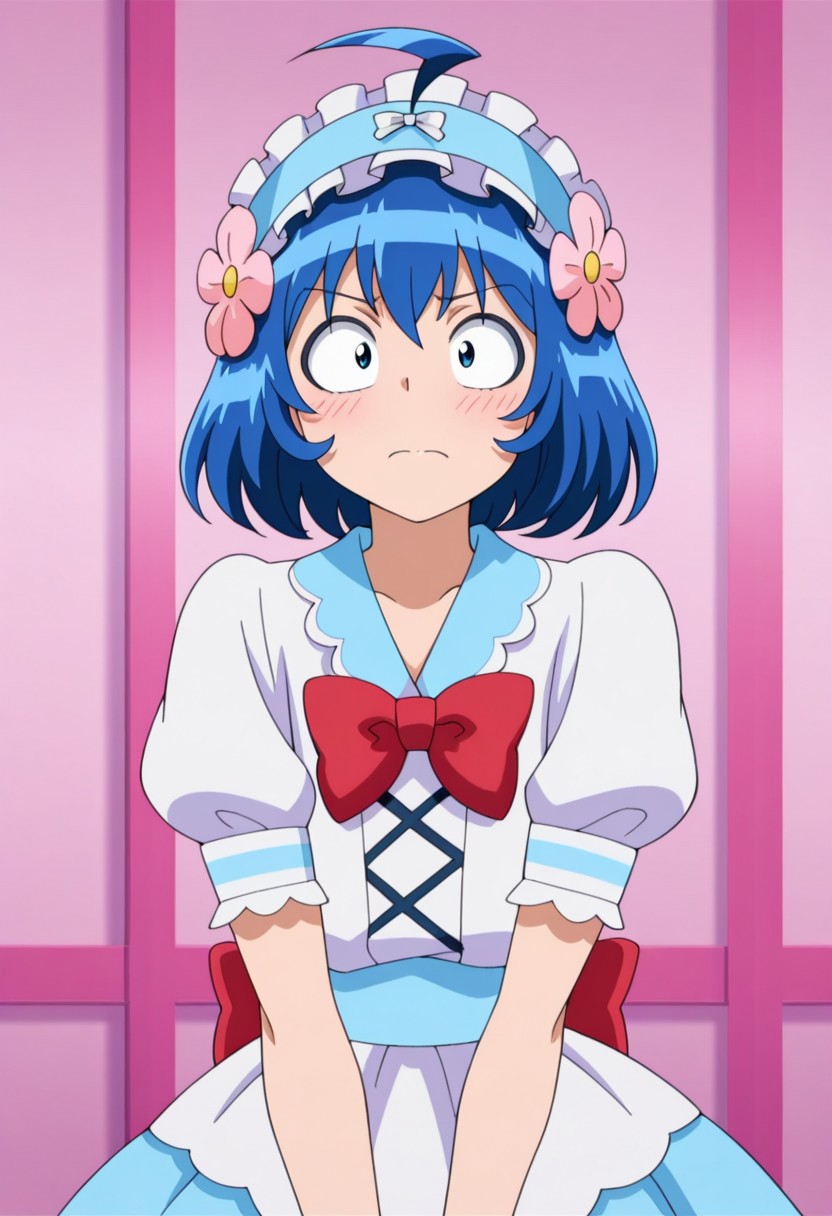 masterpiece,best quality,amazing quality, source_anime,
IrumaSuzuki, 1boy, male focus, solo, blue eyes, blue hair, ahoge, crossdressing, maid headdress, hair ornament, hair flower, shirt, white shirt, puffy short sleeves, frills, bow, red bow, closed mouth, blush, embarassed, indoor,