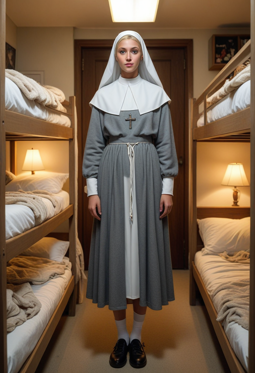 ((fashion photography)), perfect face, perfect eyes, (medium full shot) of  (desirable nun) young woman, australian, tan skin, olive green eyes, willowy, blonde hair, wearing grey habit with a veil and long-sleeves, ankle-length skirt, white stockings, traditional nun's coif, black loafers, shoulder cape, set in  orphanage Dormitory, Rows of neatly made bunk beds, personal lockers beside each bed, soft glow from bedside lamps, cozy blankets, and a bookshelf filled with bedtime stories , at night, surprised, open mouth, pointing her finger at the viewer, masterpiece, best quality, photorealistic, very aesthetic