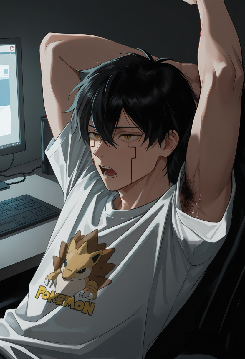(excessive sweat, dense armpit hair, wet armpit, sleeve down, loose sleeve:1.3), masterpiece, best quality, amazing quality, very aesthetic, absurdres, newest, detailed background, 0rt3r, 1boy, male focus, solo, facial tattoo, black hair, yellow eyes, hair between eyes, upper body, print t-shirt, sandslash t-shirt, pokemon t-shirt, at computer, sitting, reclining, hands behind head, stretching, yawning