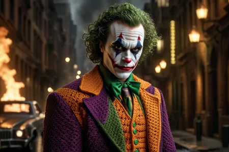 <lora:Sacha Goldberger Style:1>, <lora:CROCHETED:1> CROCHETED, Sacha Goldberger Style -High-resolution photographic image of joker, solely in a crocheted outfit, showcasing intricate textures and patterns. Cinematic lighting highlights his high-end, wide, flowing attire. joker looks directly into the camera with sharp, intense eyes.The image is photorealistic and ultra-detailed, rendered in 8k. in the background is a street canyon with burning cars from gotham city. the atmosphere is dark and threatening, (Comic Action Pose:1.3), (Dynamic Camera Angle:1.3),
