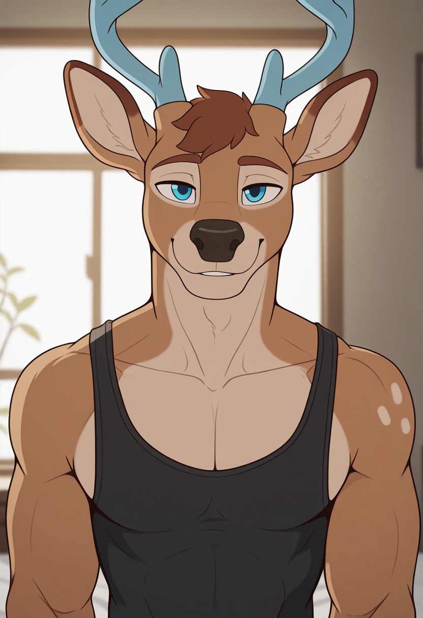 <lora:OliverFF:0.8>, solo, oliverFF, deer boy, antlers, male, no nipples, toned male, blue eyes, black tank top, face focus, portrait, upper body, smile, bedroom BREAK unparalleled masterpiece, best quality, amazing quality, very aesthetic, high resolution, dynamic lighting, extremely-detailed, depth of field, newest, scenery, detailed fur, detailed muscles