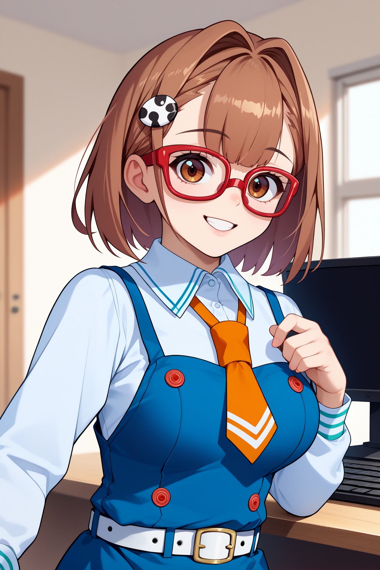 score_9, score_8_up, score_7_up, score_6_up, source_anime, 1girl, solo,  <lora:hitomichris-pdxl-nvwls-v1-000005:1> hitomichris, brown hair, short hair, brown eyes, hairclip, red glasses, white shirt, long sleeves, orange necktie, pinafore dress, blue dress, white belt, big breasts, looking at you, smile, indoors, computer, standing, upper body, happy