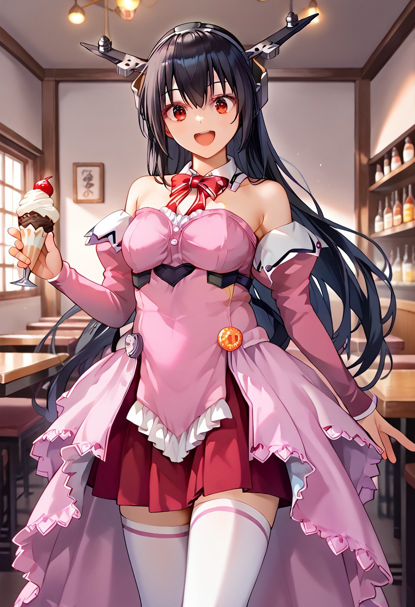 score_9, score_8_up, score_7_up,source_anime,,(masterpiece:1.3), (high quality:1.3),(1girl: pia3_stb,pink dress,frills,detached collar,red bowtie,pink detached sleeves,bare shoulders,strapless,red skirt,white thighhighs,pink line thighhighs,pink waist cape,orange button badge,smile,nagato-kc, headgear, black hair, long hair, red eyes,),restaurant,cowboy shot,surprised,
icecream