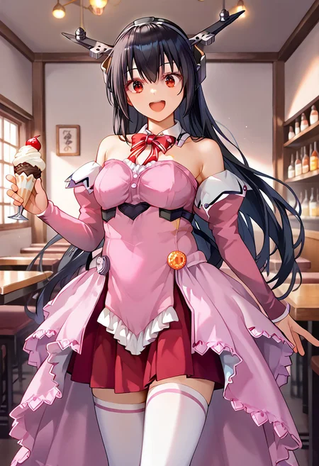 score_9, score_8_up, score_7_up,source_anime,,(masterpiece:1.3), (high quality:1.3),(1girl: pia3_stb,pink dress,frills,detached collar,red bowtie,pink detached sleeves,bare shoulders,strapless,red skirt,white thighhighs,pink line thighhighs,pink waist cape,orange button badge,smile,nagato-kc, headgear, black hair, long hair, red eyes,),restaurant,cowboy shot,surprised,
icecream
