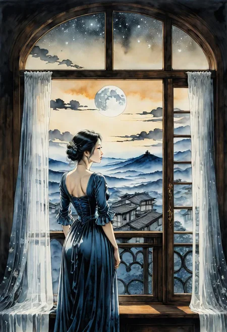 masterpiece, best quality, 8k, HDR, RGB, oil paints, watercolor, ink,
Minimalist ink painting, ghost of a woman at a window, inspired by the approaches of artists such as Takato Yamamoto and Jean-Baptiste Monge, refined contours emphasized by intricate line drawings, with white highlights delicately blending with a harmonious palette of sensual shades, as if encapsulating the figure with hair . rustling in the wind, a clear homage to Tomer Hanukkah's ukiyo-e style, expressive elements that take inspiration from formal art, subtly touching on darker shades.
Bastien Lecouf-Degarme, Carn Griffiths, E. Abramzon, Raphael, Caravaggio,