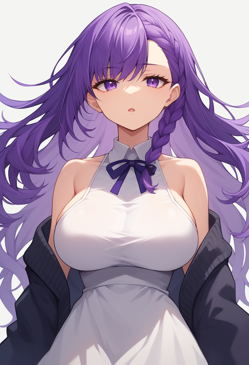score_9, score_8_up,
1girl, solo,
long hair, purple hair, purple eyes, braid, large breasts, white dress, black cardigan, expressionless, open mouth,
white background,