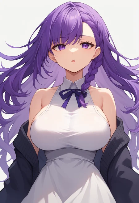 score_9, score_8_up,
1girl, solo,
long hair, purple hair, purple eyes, braid, large breasts, white dress, black cardigan, expressionless, open mouth,
white background,