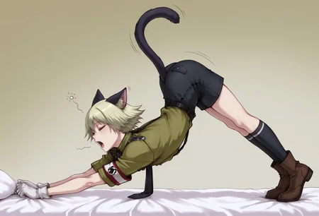 safe_pos, masterpiece, best quality, amazing quality, very aesthetic, absurdres, WOSchrödinger, 1boy:1.6, solo, male focus, blonde hair, short hair, cat ears, closed eyes, green collared shirt, black necktie, armband, white gloves, sam browne belt, black belt, black shorts, black kneehighs, brown boots, cat stretch, arched back, stretch, pose, stretching, yawning, on bed, cat tail,