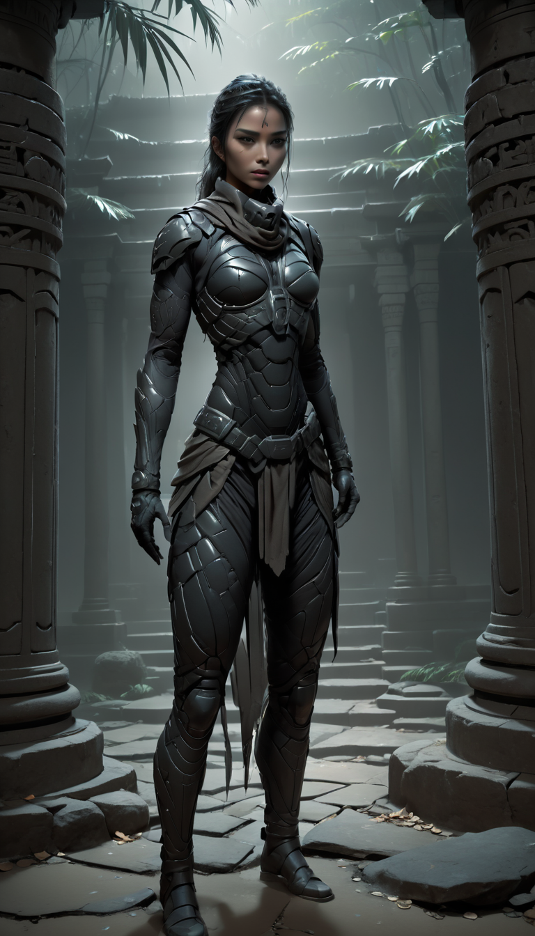 Conceptualize a stunning digital illustration featuring an Intense warrior, standing in the courtyard of an ancient temple in the jungle at night, wearing a stillsuit with gloves and boots, focus warrior, cinematic lighting, cinematic shot, emphasize stone lanterns and flickering shadows creating a tense and dangerous atmosphere, styles of Hiroshi Yoshida and Jeremy Mann, create an immersive experience for viewers. trending on ArtStation, unique blend of styles and themes, <lora:StillsuitXl_1.21:1> <lora:JuggerCineXL2:1>