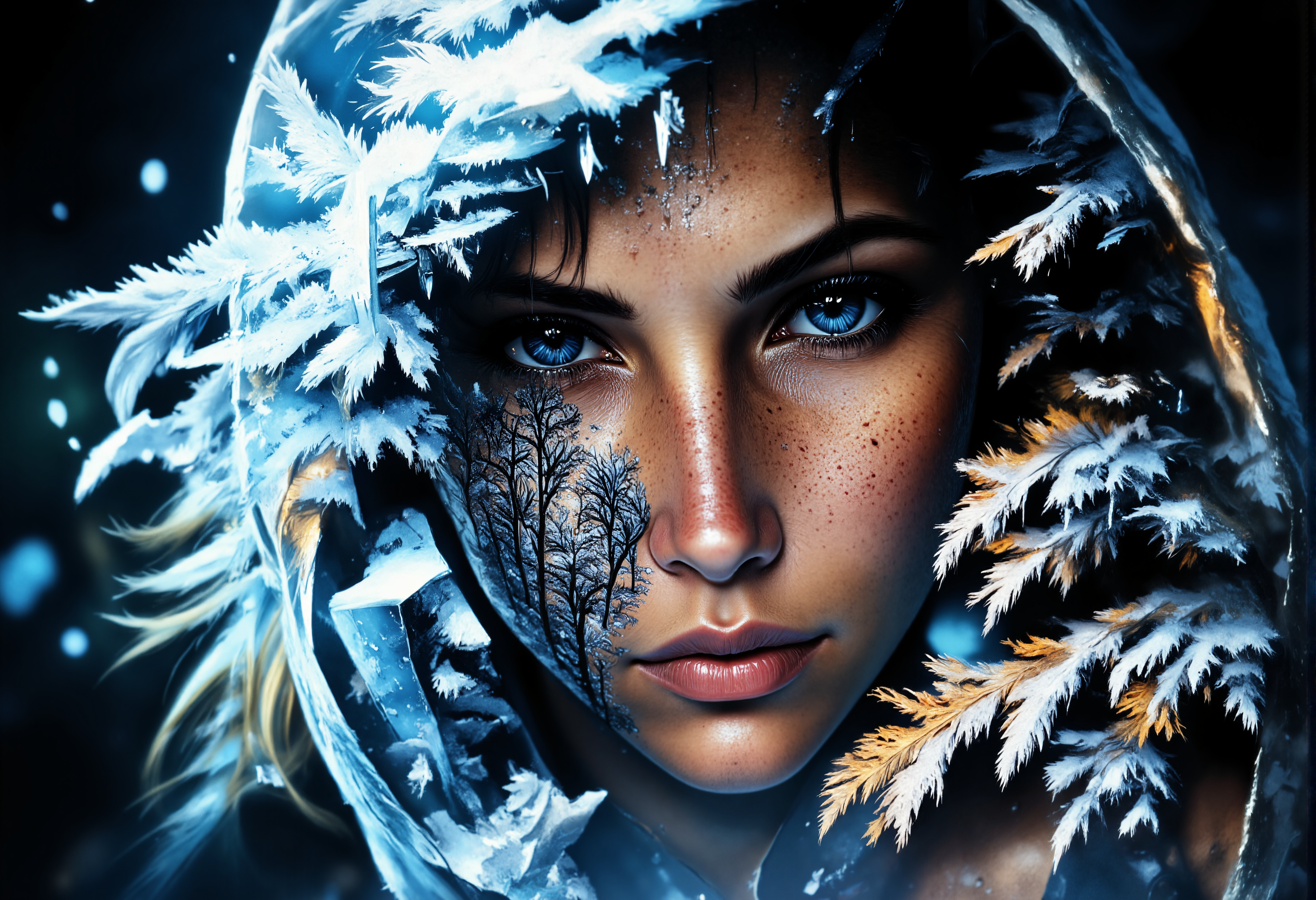 aidmaMJ6.1, darkcore, Jeddblexpsre,double exposure, ethereal. A close-up shot of a breathtaking young womanâs face, where her facial features are softly blended with an ethereal overlay of falling snowflakes. Her piercing blue eyes and delicate skin textures are visible through the translucent silhouette of the forest, creating a dreamy, surreal double exposure effect. The icy crystals on the hood of her light blue medieval cloak merge harmoniously with the natural elements. The soft lighting highlights both the woman and the superimposed scene, while shadows and highlights enhance the depth, giving the composition a balanced, thought-provoking appearance., <lora:FluxDFaeTasticDetails.safetensors:1.0:1.0> <lora:aidmaMJ6.1-FLUX-V0.2.safetensors:1.0:1.0> <lora:Flux DoubleExposure_epoch_1.safetensors:1.0:1.0> <lora:NebulaNexus_v1.safetensors:0.7000000000000001:0.7000000000000001>