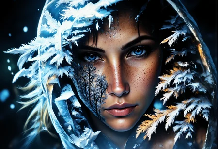 aidmaMJ6.1, darkcore, Jeddblexpsre,double exposure, ethereal. A close-up shot of a breathtaking young womanâs face, where her facial features are softly blended with an ethereal overlay of falling snowflakes. Her piercing blue eyes and delicate skin textures are visible through the translucent silhouette of the forest, creating a dreamy, surreal double exposure effect. The icy crystals on the hood of her light blue medieval cloak merge harmoniously with the natural elements. The soft lighting highlights both the woman and the superimposed scene, while shadows and highlights enhance the depth, giving the composition a balanced, thought-provoking appearance., <lora:FluxDFaeTasticDetails.safetensors:1.0:1.0> <lora:aidmaMJ6.1-FLUX-V0.2.safetensors:1.0:1.0> <lora:Flux DoubleExposure_epoch_1.safetensors:1.0:1.0> <lora:NebulaNexus_v1.safetensors:0.7000000000000001:0.7000000000000001>