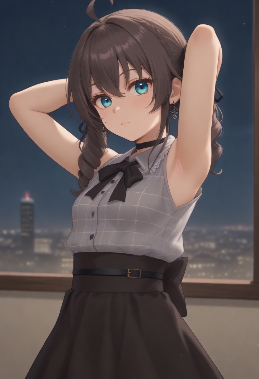 1girl, solo, solo focus, highres, absurdres, MatsuriMineGirl, brown hair, bangs, ahoge, twintails, black ribbon, hair between eyes, hair ribbon, flower earrings, blue eyes, medium hair, drill hair, braid,
small breasts, grey shirt, black choker, brown skirt, shoulder cutout, collared shirt, black bowtie, lace sleeves, plaid shirt, high-waist skirt, puffy short sleeves, 
looking at viewer, expressionless, closed mouth, head tilt, arms up, from side,
indoor, cityscape, neon lights, window, dark, night, night sky, 
light particles, backlighting, shade, light rays, lens flare, shiny skin, fine fabric emphasis,