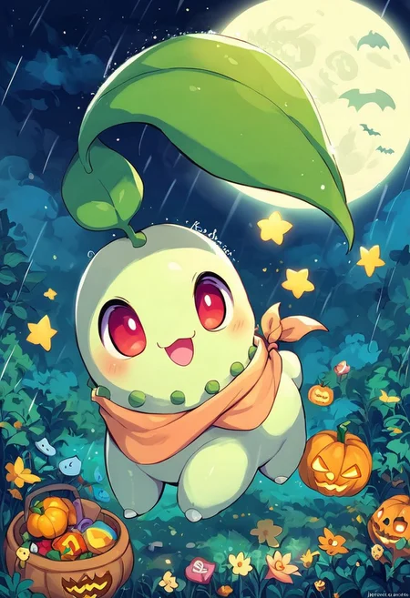 score_9, score_8_up, score_7_up, score_6_up, score_5_up, score_4_up, anime,cyberpunk, A Halloween scene featuring a cute female furry feral chibi chikorita \(pokemon)\, green skin, no fur, chikorita is standing and dressed as a witch. She wears a pointed hat, a cape, and holds a broomstick and a pumpkin basket full of candy. The background includes a spooky haunted house, bats flying in the sky, pumpkins with carved faces, and playful ghosts. There are simple trees with spider webs and a full moon in the sky, with stars scattered around. The illustration is fun, kawaii, and colorful. rain, high angle, source_furry <lora:Chikorita:1> chikorita, pokemon (creature)