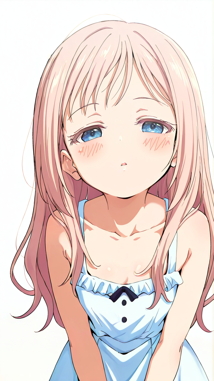 white_background,simple background,1girl,solo,looking_at_viewer,blush,anime screenshot,sincos,Champe,looking_up,<lora:Champe_Illustrious_v10:1>,collarbonea,hair down,imminent_kiss,shy,front view,from_above,sundress,half-closed eyes,, masterpiece, best quality