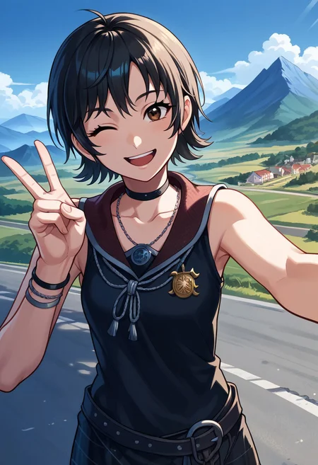 masterpiece,best quality,score_9, score_8_up, score_7_up, score_6_up,source_anime,
1girl, iris amicitia <lora:iris_amicitia(ffxv)-PD-1.0:1>,short hair,black hair,brown eyes,(happy smile,open mouth,wink),(black clothes,bare shoulder, bracelet),(upper body,face focus),(selfie,v,head tilt),(landscape,outdoor,blue sky,mountain,valley,cliff,parking lot)