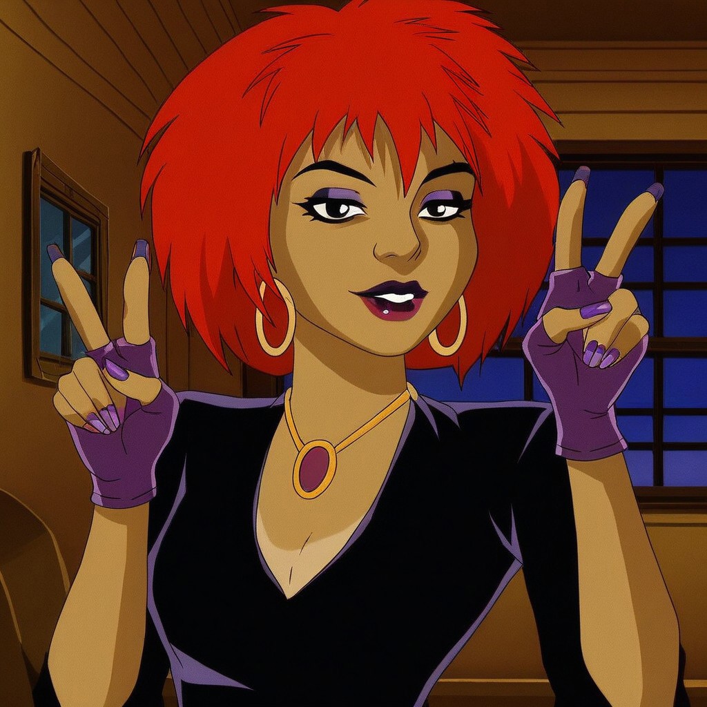 1girl, solo, short hair, gloves, jewelry, red hair, earrings, indoors, fingerless gloves, necklace, nail polish, window, makeup, lipstick, hoop earrings, purple nails, purple gloves, tan skin, v, peace sign,
, hex_luna
