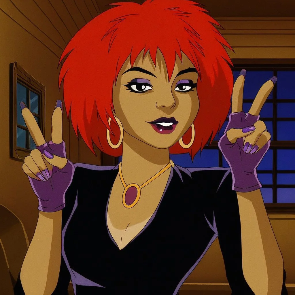 1girl, solo, short hair, gloves, jewelry, red hair, earrings, indoors, fingerless gloves, necklace, nail polish, window, makeup, lipstick, hoop earrings, purple nails, purple gloves, tan skin, v, peace sign,
, hex_luna