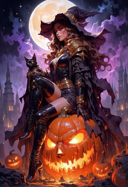 FredFraiStyle, aidmaMJ6.1, drkfnts style
A vibrant and detailed anime-style illustration of a  witch posing  as she sits atop a large, glowing pumpkin. The witch confident and playful smile. Her teasing expression and alluring pose , as she looks directly at viewer with a flirtatious gaze. Her eyes Full of  mischief, sly smirk.Digital illustration featuring a fantasy-themed scene. The layout is vertical, showcasing a young woman with long, wavy brown hair and fair skin, dressed in a form-fitting, shiny black leather outfit with a matching wide-brimmed witch hat. She is seated on a large carved pumpkin with a glowing, menacing face. Her expression is confident, with striking makeup accentuating her features. She wears thigh-high boots and fingerless gloves, adorned with gold accents. A black cat with glowing yellow eyes sits beside her. The background is a mystical night sky with a large, luminous full moon and silhouetted gothic-style buildings. Autumn leaves are scattered around, adding to the Halloween ambiance. drkfnts style, FredFraiStyle, Knight, Armor, Warrior, mythp0rt