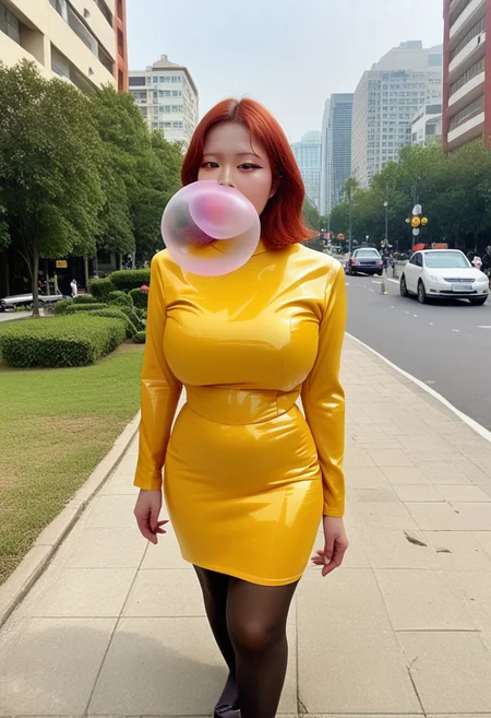 white skin, photo of an 22-year-old Korean idol,masterpiece, best quality,smiling, realistic,score_9, score_8_up, score_7_up, (full body shot), semi realistic,forehead, shot, (extra long thick luxurious shiny red-auburn hair),mature asian,milf, 
1girl, female, huge breasts, thick thighs, wide hips, horny, lips, korean_race_queenv2,gini_S2,Realisian-Neg, (yellow and black checkerboard skirt),(stiped yellow and red suit), (dark-purple latex shirt),pantyhose, parted bangs,manhwa milf, queen bee ami, lips (blowing clear large bubblegum), (walking through city park background)