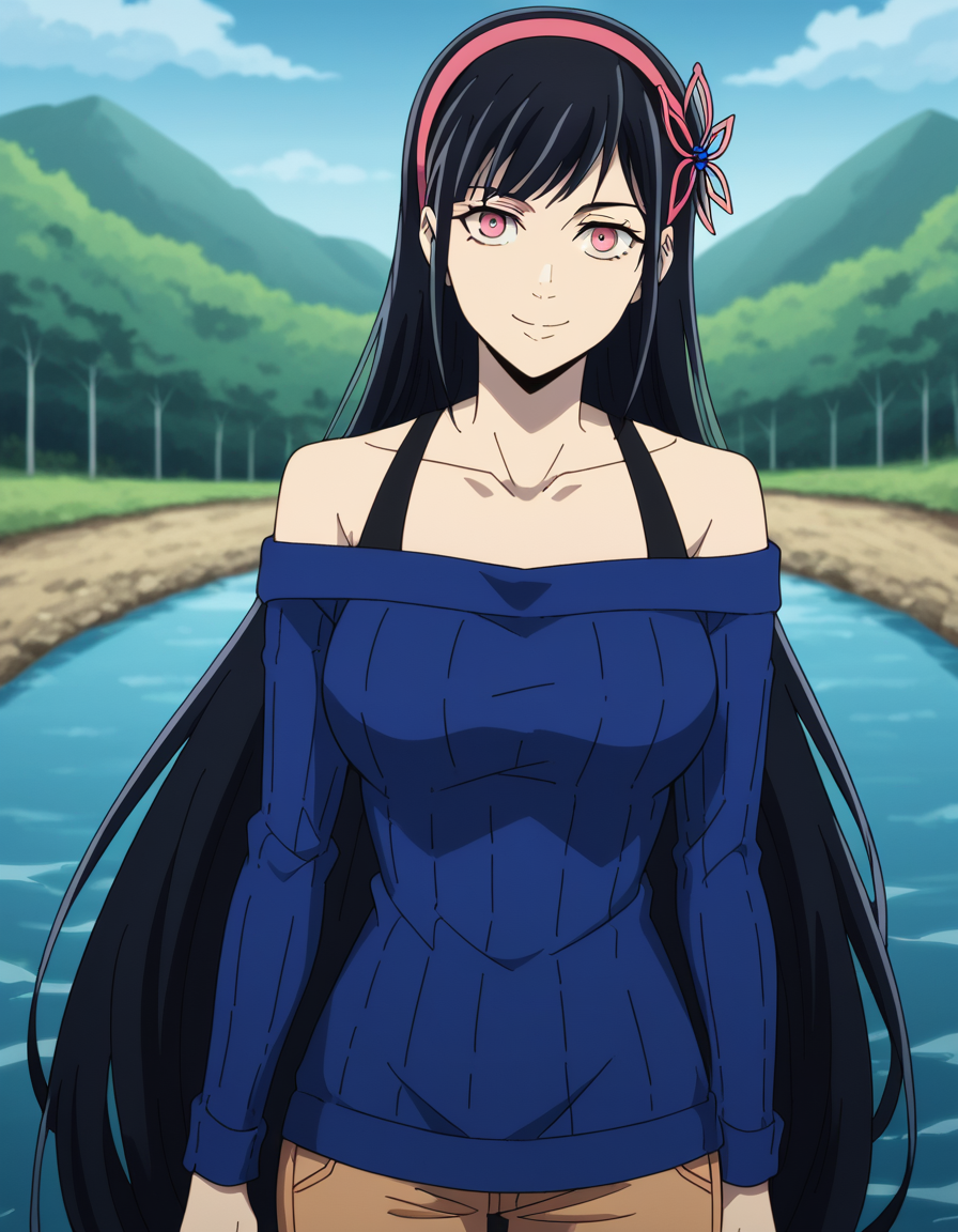 score_9, score_8_up, score_7_up, source_anime, <lora:yihwa-yeon-s2-ponyxl-lora-nochekaiser:1>, yihwa yeon, long hair, bangs, black hair, hair ornament, pink eyes, very long hair, hairband, large breasts,, long sleeves, bare shoulders, collarbone, off shoulder, sweater, butterfly hair ornament, off-shoulder sweater, river, flowing, fish, banks, current, smile, smile, looking at viewer, solo,, dutch angle, cowboy shot