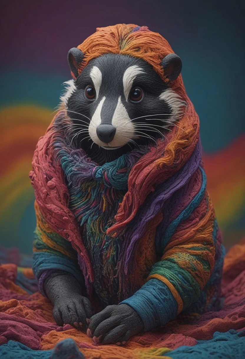 a cute chibby skunk with big rainbow eyes made out of clay, it wears a cool rainbow bandana, very detailed, 4k, sharp, eating rainbow worms, novuschroma51 style