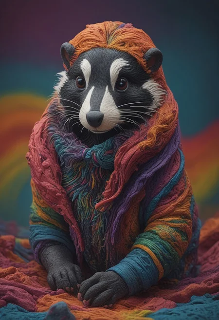a cute chibby skunk with big rainbow eyes made out of clay, it wears a cool rainbow bandana, very detailed, 4k, sharp, eating rainbow worms, novuschroma51 style